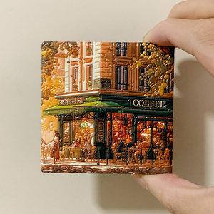 <span class=keywords><strong>Aimant</strong></span> de réfrigérateur en céramique carré, motif café en relief, rue de Paris, France, J-001486, souvenir touristique mondial - Product Image 2