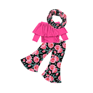 Conjunto de ropa de 3 piezas para niña pequeña, top corto, pantalones acampanados con bufanda, ropa para niña - Product Image 2