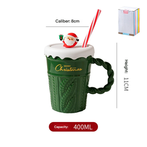 Mug en céramique de Noël 400 ml avec paille, couvercle décoré du Père Noël, motif en relief, tasse à boire pour la maison, vente en gros - Product Image 6