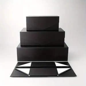 Hot Luxury Magnetic Gift Box Packaging Ribbon Custom Logo Hard Rigid Cardboard Paper Black Rigid Paper Boxes
