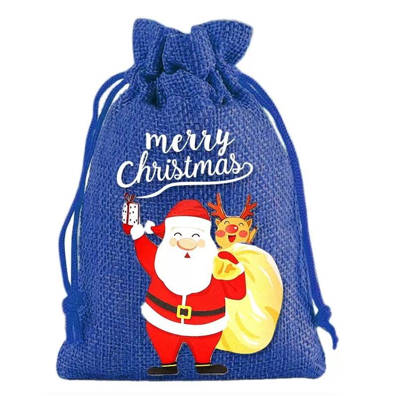 Wholesale Santa Printed Cotton Drawstring Bags Christmas Gift