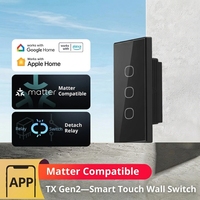 Interrupteur mural intelligent Sonoff T6 compatible Matter, Apple HomeKit, commande vocale Siri, type 120, norme américaine, verre noir, 3 gangues