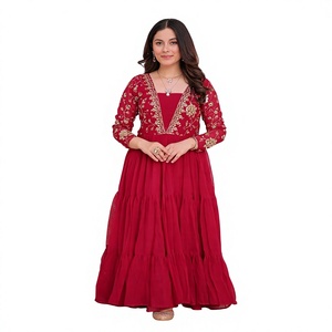 ชุดเดรสยาว Anarkali สีชมพูผ้าจอร์เจตต์ งานปักกระจกแบบ Kutchi อย่างดี สำหรับงานเทศกาลอินเดีย ปากีสถาน และงานเลี้ยง - Product Image 1