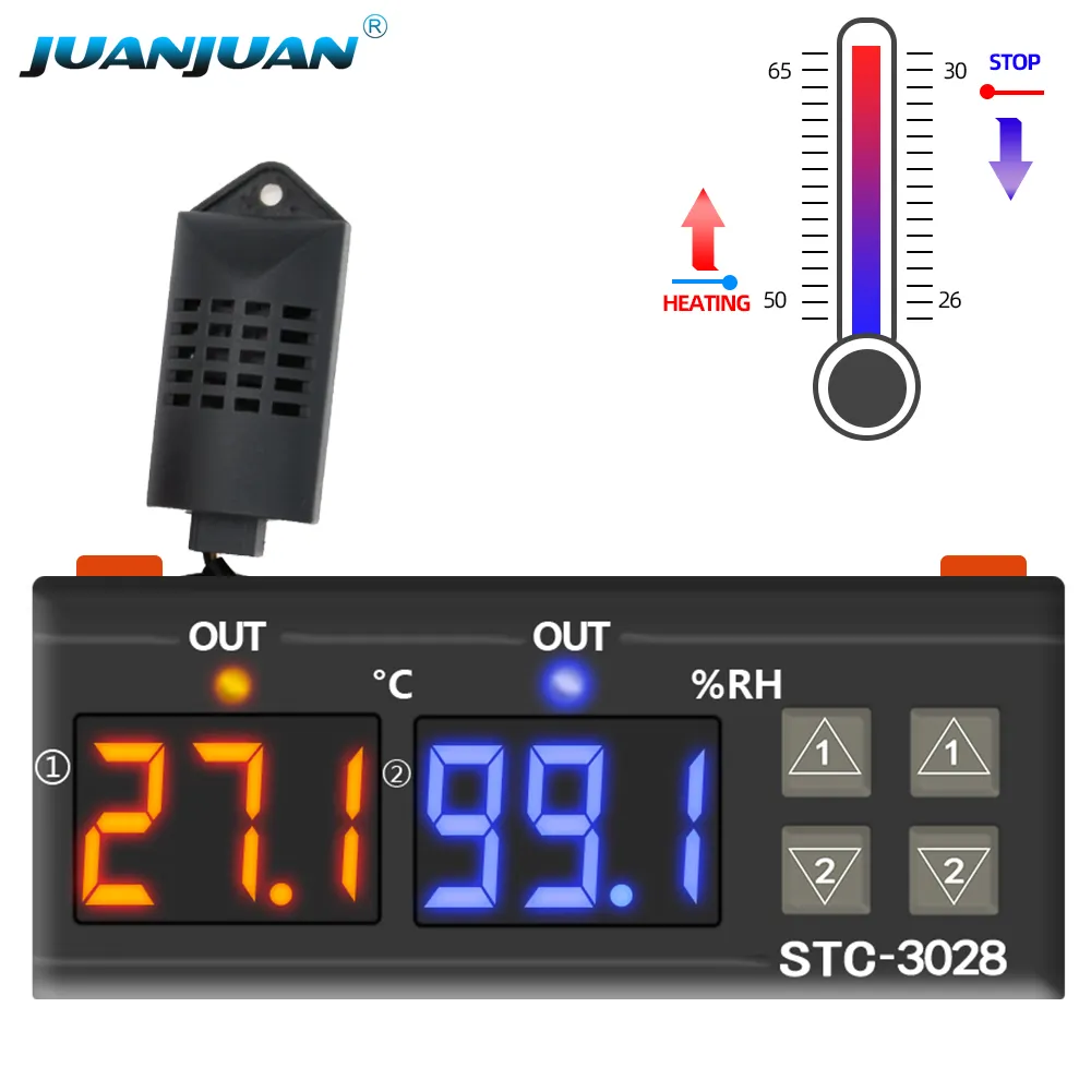 STC-3028 24Vデジタル温度湿度コントローラーサーモスタット温度調節器湿度計調整可能なクーラーヒーター