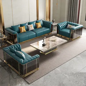 2023 Modern Custom American Light Luxury Living Room Golden Back Leather Sofa