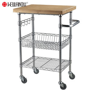 바퀴가 달린 대나무 상판 탈착식 크롬 와이어 메탈 주방 음식 음료 서비스 트롤리 카트 가격 - Product Image 4