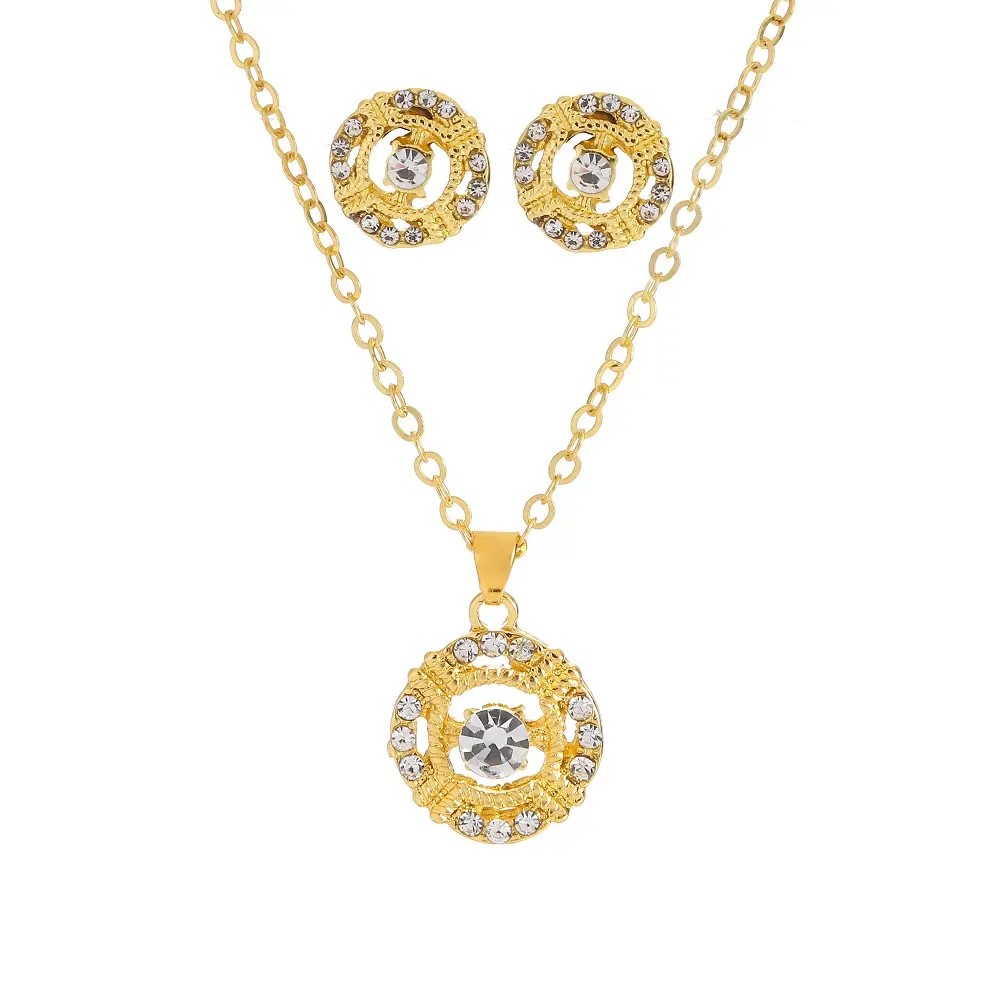 Promotional Alloy Round Circle Pendant Necklace Crystal Necklace And Earrings Set