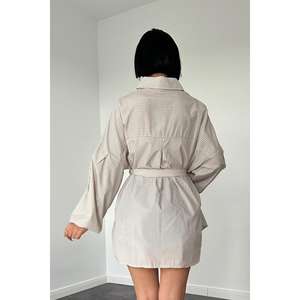 Chemise en popeline rayée couleur café clair pour femme, avec ceinture, style décontracté, à nouer et à boutons, pour tous les jours - Product Image 1