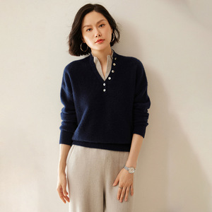 Pull en cachemire à col Henry pour femme, OEM/ODM, ample, décontracté, polyvalent, en laine tricotée de qualité supérieure, logo personnalisé - Product Image 2