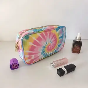 Bolsa de maquiagem de nylon reciclada com tinta arco-íris personalizada de fábrica, bolsa de cosméticos impressa em nylon, bolsa lavada em nylon Taslan