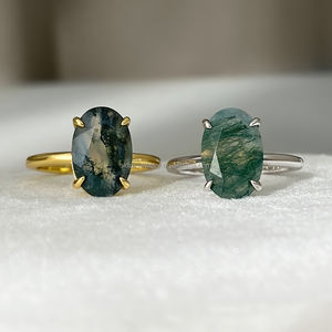 Anillo de Ágata Musgosa de Corte Ovalado Clásico, Chapado en Oro de 18k y Rodio, con Engaste de Garras, para Compromiso, Boda y Aniversario - Product Image 1