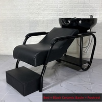 Fauteuil de lavage professionnel robuste en fer forgé noir avec revêtement en cuir PU confortable, ensemble complet pour salon de coiffure commercial