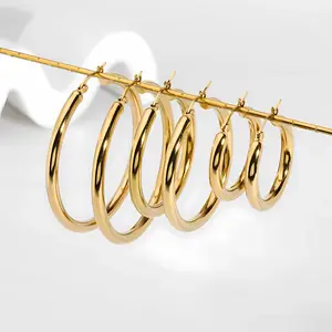 Brincos de argola grandes femininos de aço inoxidável banhados a ouro 18K, joia circular de atacado para mulheres
