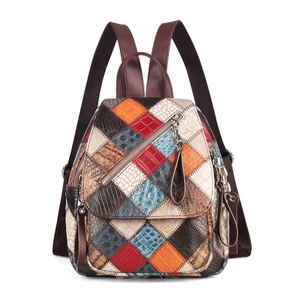 Colorblock kẻ sọc vải PU da đa chức năng chống trộm Ba lô mô hình hình học chắp vá Daypack da Vai Túi - Product Image 5