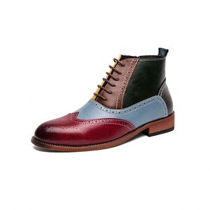 Bottines pour hommes à blocs de couleur en cuir véritable à lacets, bout pointu, tendance mode toutes saisons, style patchwork - Product Image 5