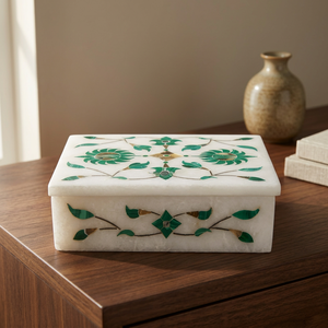 Caja de Joyería de Mármol Hecha a Mano de Alta Calidad, Incrustaciones de Madreperla Verde de la India, Artesanía en Piedra, Diseño Cuadrado Moderno, Ideal para Regalo - Product Image 2