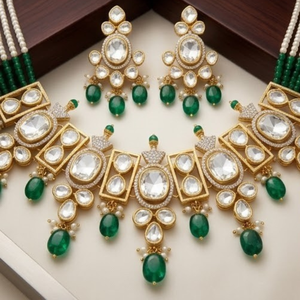 Conjunto de Collar de Plata 925 con Esmeraldas y Kundan, Joyería Nupcial de Lujo, Aretes de Perlas de Diseño para Mujer - Product Image 5