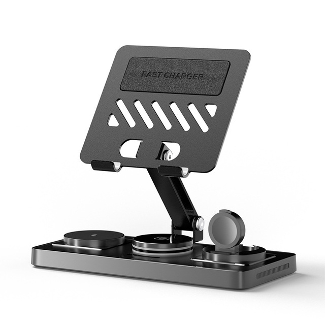 Aluminum Alloy Wireless Charger with Tablet Holder for iPad & for Phone Rotating Folding Stand with Telescopic Cable