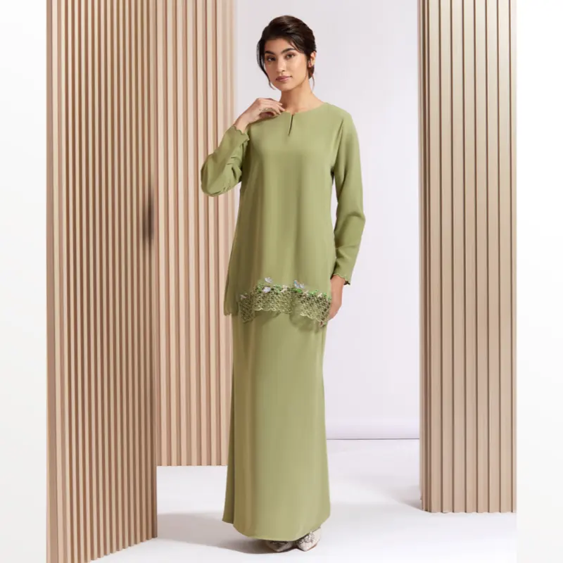 सिपो इद मलायोसिया इस्लैमिक मुस्लिम क्रू गर्दन ढीली बुनियादी फिट लंबी आस्तीन वाली लंबी आस्तीन बाजू कुरूंग के लिए मामूली स्कर्ट 2 टुकड़ा सेट ड्रेस