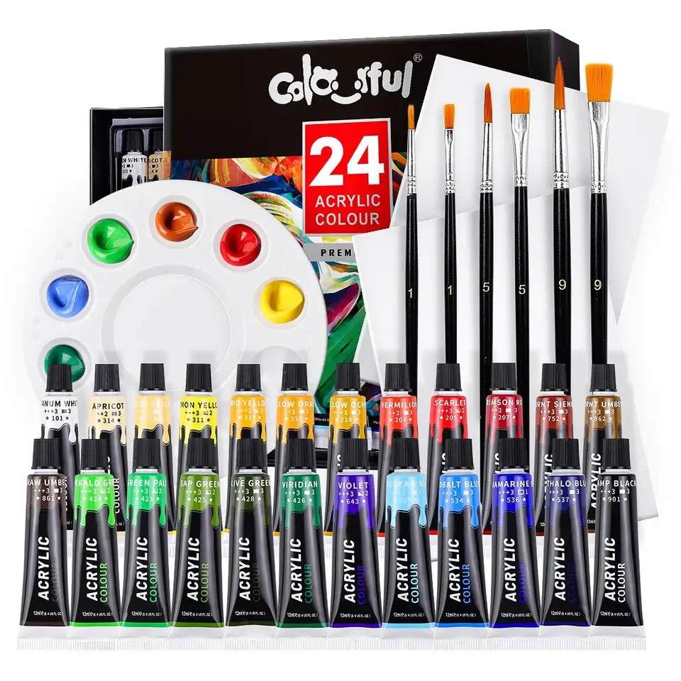 Lanpo DIY Acrylic Paints Set with 6 brushes  1 palette 24 Colors Art Painting Kit for Canvas  Fabric  Rock