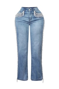 Jeans pour femmes BH1350, taille haute, respirant, style hip-hop, denim uni, design à franges en strass, coupe bootcut, couleur foncée - Product Image 3