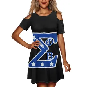 En popüler özel Logo Zeta Phi Beta kadın yaz Mini elbiseler ekip boyun soğuk omuz kısa kollu rahat gevşek elbise siyah
