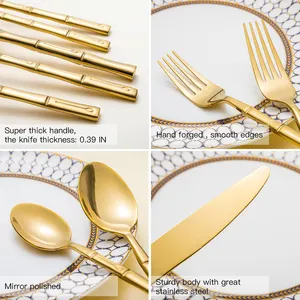 Wholesale Hand Forged Bamboo Stainless Steel Gold Wedding Restaurant Cutlery Set