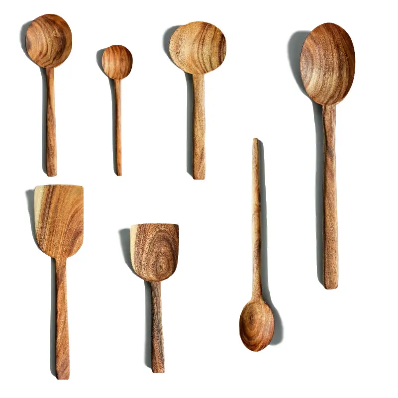 Spatula kayu jati tidak dicat panci lengket untuk mengaduk penggorengan kayu sendok sup pegangan panjang spatula memasak set 7 buah
