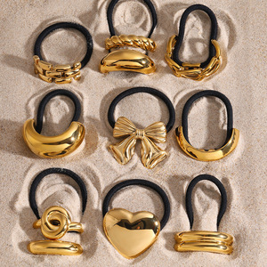 G3121 Acero inoxidable Chunky Heart Bow Brillante en forma de U Elástico Negro Cordón de goma Banda Scrunchies Gold Hair Ties para niñas - Product Image 1