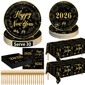 10 Ensembles <span class=keywords><strong>de</strong></span> Vaisselle <span class=keywords><strong>de</strong></span> Haute Qualité pour le Nouvel An 2026, Ensemble <span class=keywords><strong>de</strong></span> Vaisselle pour le Réveillon du Nouvel An, Assiettes, Serviettes, Fourchettes, Nappe pour 30 Invités - Product Image 1