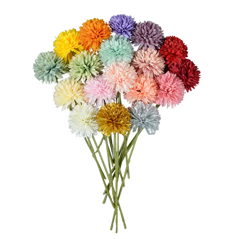 Hot Sale Artificial Silk Single Chrysanthemum Branch Thorn Ball Dandelion PingPong Artificial Flowers Bulk Cake Wedding DecorDIY