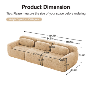 OE HOME W714S01567 114'' Soft Fluffy Plush Fabric Modular Sectional Sofa Set Ergonomic Design Ottoman Throw Pillows Adjustable - Product Image 6