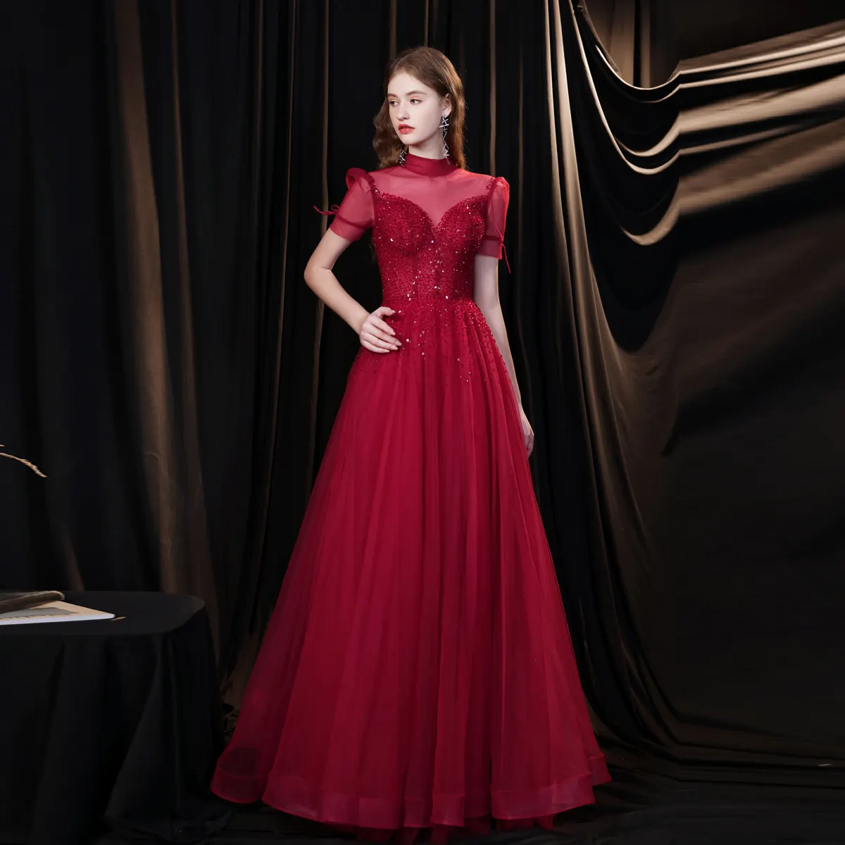 Short Sleeve Formal Evening Party Spring Summer High neck Long Dress Diamond Sequin Dress Red Solid Evening Dresses