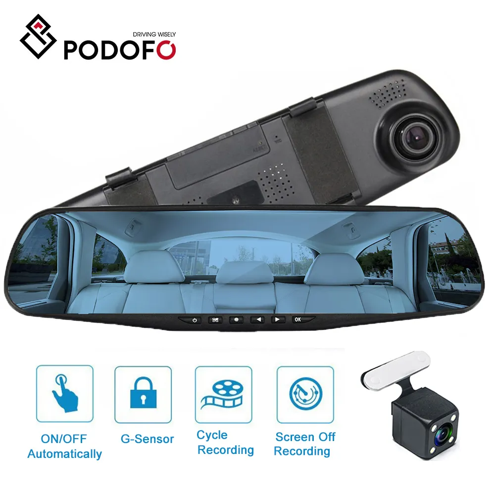 Podofo Groothandel Auto Black Box Full Hd 1080P Dual Lens Dash Cam 4.3 "Achteruitkijkspiegel Auto Dvr camera Nachtzicht