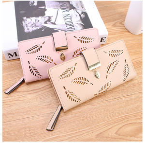 New Listing Women Long PU Leather <b>Wallets</b> Bifold Hollowed-out Leaf Design Money <b>Wallets</b> Candy Color NA125 - Product Image 2