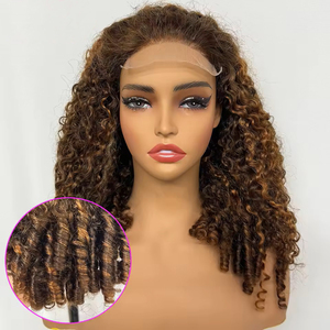 13x6 Burmese Curly Highlight Wig Human <strong>Hair</strong> Lace Frontal Wigs Spiral #P4/27 Brown Roots Transparent Lace Front Wigs for Women - Product Image 1