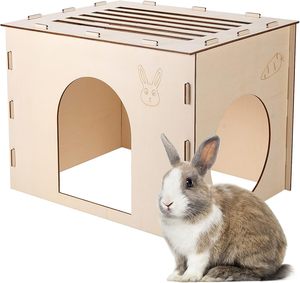 JUNJI-Muebles de Interior para mascotas, <span class=keywords><strong>Castillo</strong></span> de escondite de conejo y conejito de madera para gatos, chinchillas, cobayas y otros animales pequeños - Product Image 1