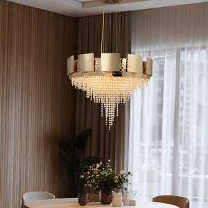Round Hammered Gold Metal Crystal Chandelier Waterfall Crystal Pendant <b>Light</b> For Dining Room Villa Home <b>Decor</b> - Product Image 1