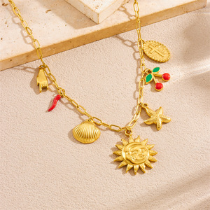 Stainless Steel Necklace With Sun Face Cherry Chili Pepper Starfish Shell Cross Charms Fashion Pendant Jewelry - Product Image 2