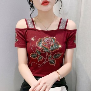 <span class=keywords><strong>Top</strong></span> verde a spalle scoperte con strass lucidi e fiori in rete, maglietta a maniche corte per discoteca, t-shirt da festa - Product Image 1