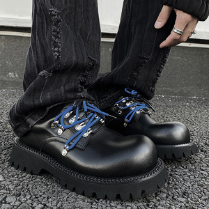 Fashion Color <b>Block</b> Shoelace Men Leather Shoes, Carabiner Decor Thick Sole Height Increase Round Toe Casual Party Leather Shoes - Product Image 3