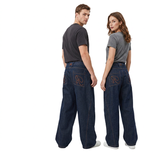 Pantalones Vaqueros de Pierna Ancha, Cintura Alta, Corte Holgado, Bolsillos Bordados, Color Sólido, Estilo Casual, Tela de Algodón, para Otoño - Product Image 1