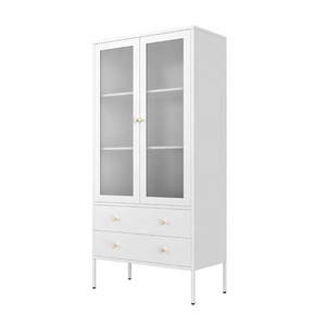 Vetrina Moderna <span class=keywords><strong>in</strong></span> Acciaio Bianco, Armadio con Anta Singola <span class=keywords><strong>in</strong></span> <span class=keywords><strong>Vetro</strong></span> Satinato e Maniglie Dorate per Organizzazione Domestica - Product Image 4