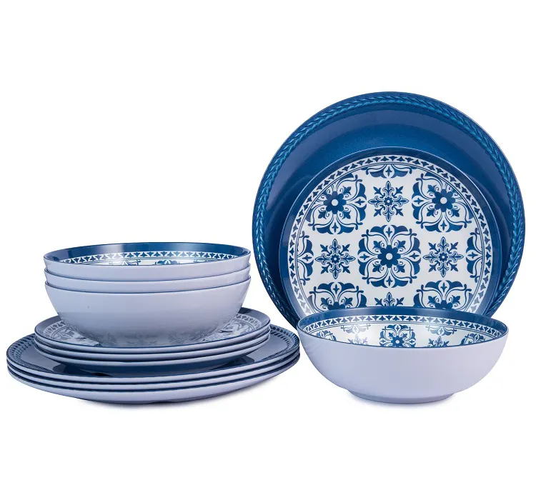12pcs Blue Flower Outdoor and Indoor Service for 4 Plates and Bowls Set Motif Fleurs Bleues Melamine Dinnerware Set