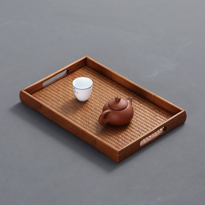 Bandeja rectangular de bambú tejida con asa para servir, para guardar el juego de té, plato de comedor estilo chino - Product Image 3