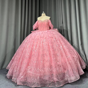 Robe de bal rose Lsmu184 pour Quinceañera, longueur ras du sol, traîne chapelle, en satin moderne et dentelle, robe de soirée Jancember - Product Image 6