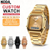 Montre numérique à double fuseau horaire LED1519 avec logo personnalisé, bracelet en acier inoxydable rectangulaire de luxe, largeur 20 mm, couleur or, boîtier en alliage unisexe