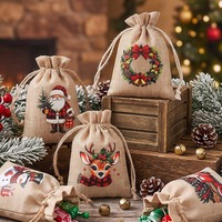 Sacs cadeaux en toile de jute avec cordon de serrage, imprimés de personnages de Noël vintage, sacs réutilisables pour bonbons et friandises, pour les cadeaux de Noël
