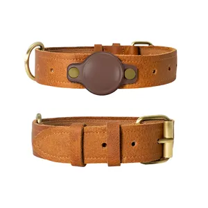 Hot Sale New 2 In 1 Solid Brass Buckle Designer Custom Vegan Leather Dog Collar Pet Gps Airtag Dog Collar