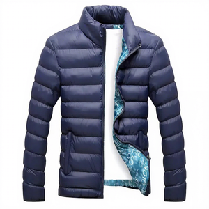 Men's <b>Black</b> <b>Puffer</b> Jacket Solid Color Windproof Winter Casual Zipper Closure Stand Collar Polyester Wadding Slim Fit - Product Image 2